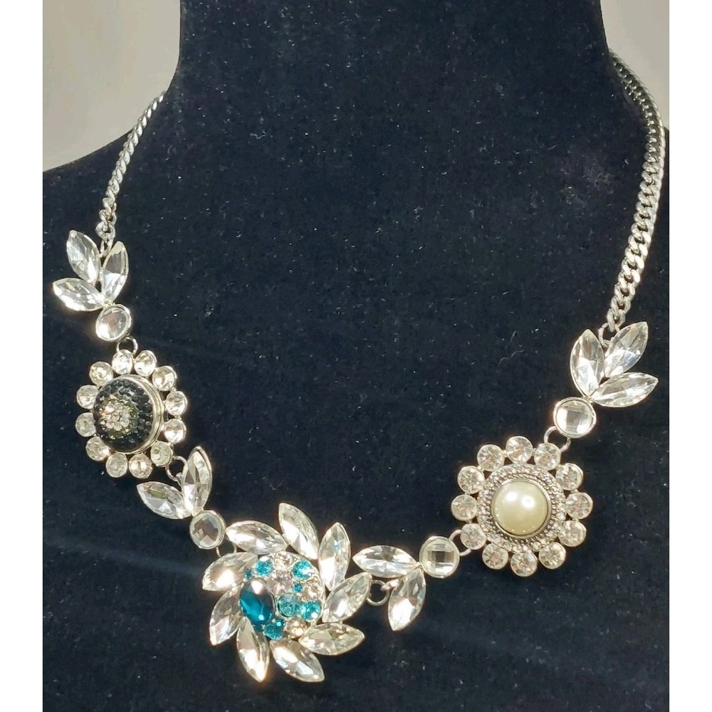 Silver Tone Blue Faux Pearl Rhinestone Necklace Statement Fancy Eclectic Chunky